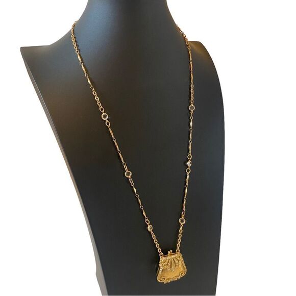 1928 Brand Vintage Gold Toned & & Clear Faceted Bead Purse Pendant Necklace. - Picture 2 of 8